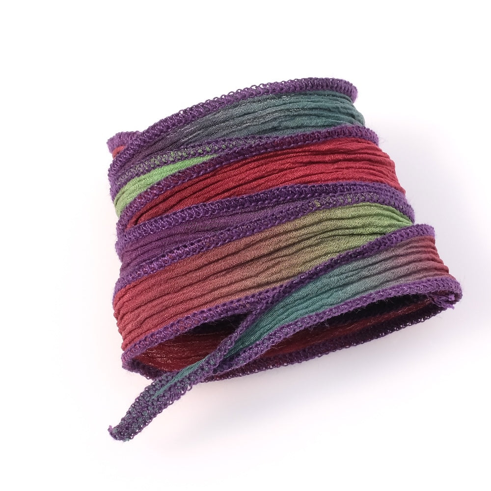 Hand-dyed silk ribbon - aubergine, green, khaki, burgundy