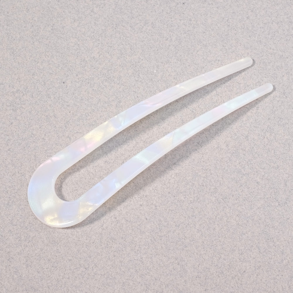 Hair pin peaks in iridescent white rainbow acetate