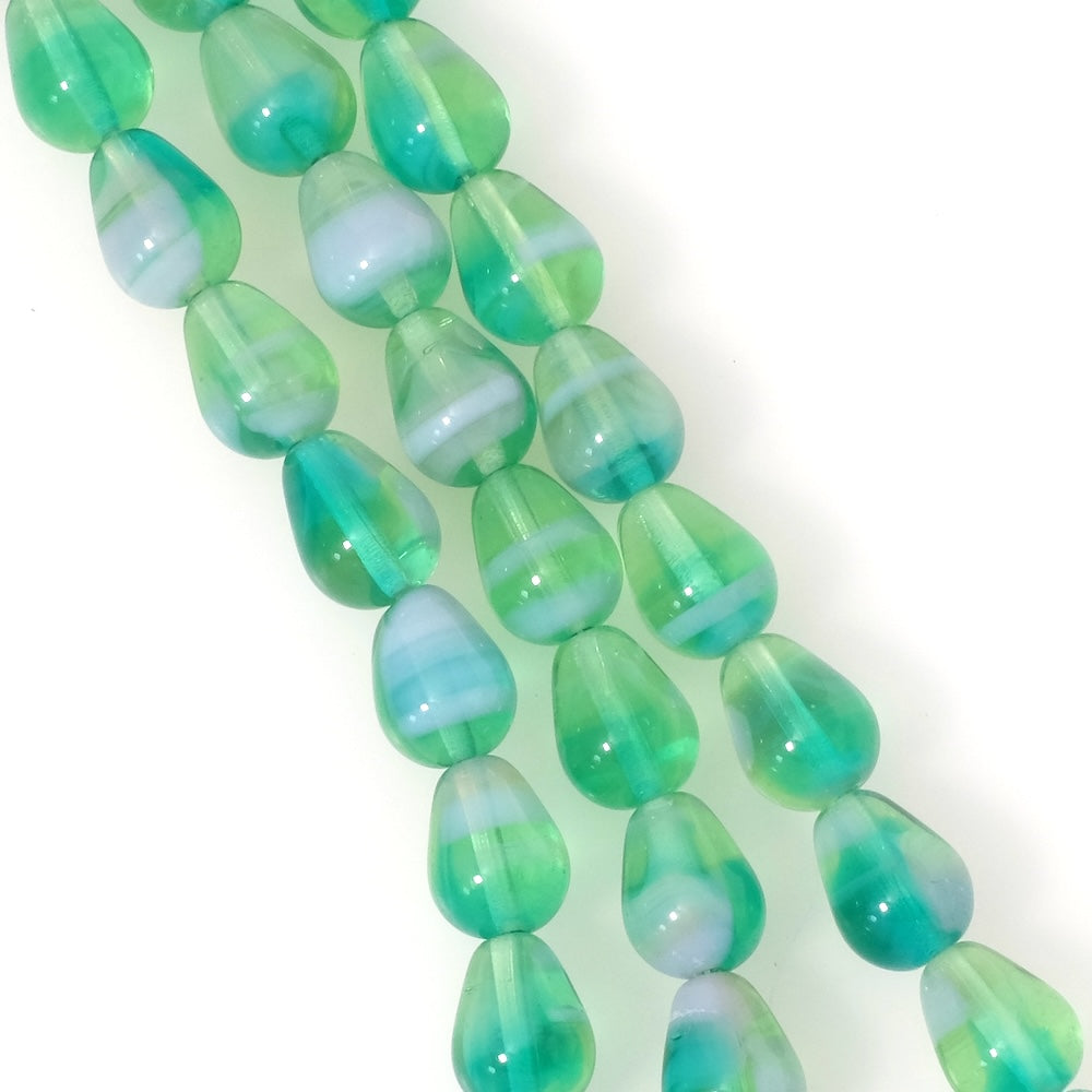 Strand of Bohemian ribbed drop beads 9.5x12mm transparent green and blue