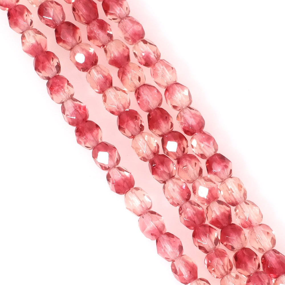 Strand of 6mm Faceted Round Bohemian Beads, Transparent Raspberry Pink Gradient