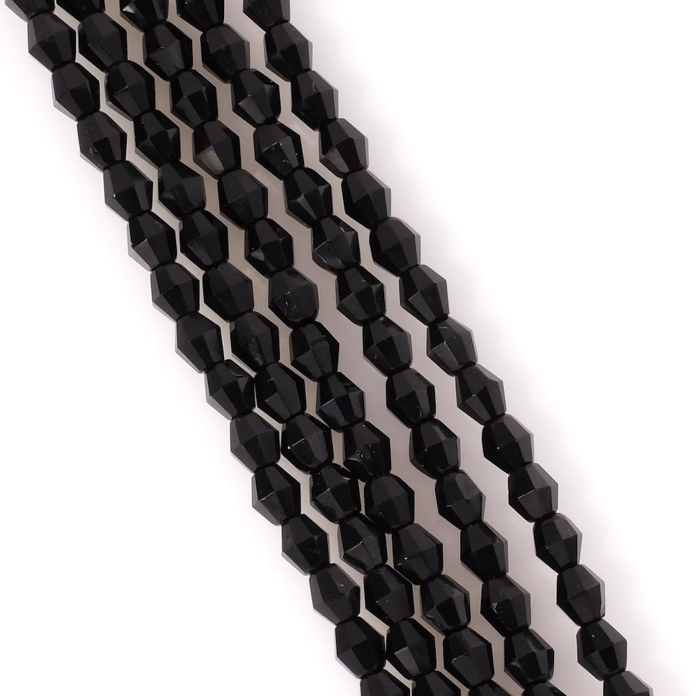 Strand of 5mm faceted Bohemian spinning top beads, opaque black