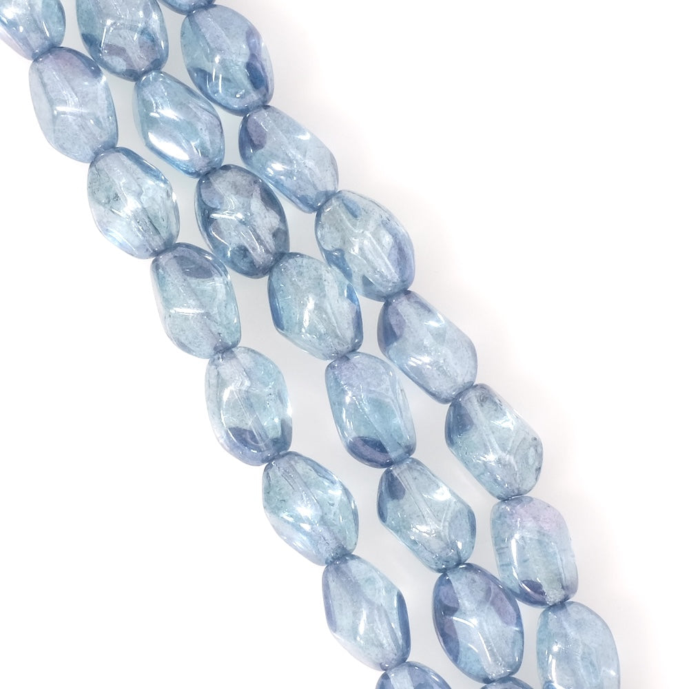 Strand of twisted oval Bohemian glass beads, 9x13mm, transparent blue