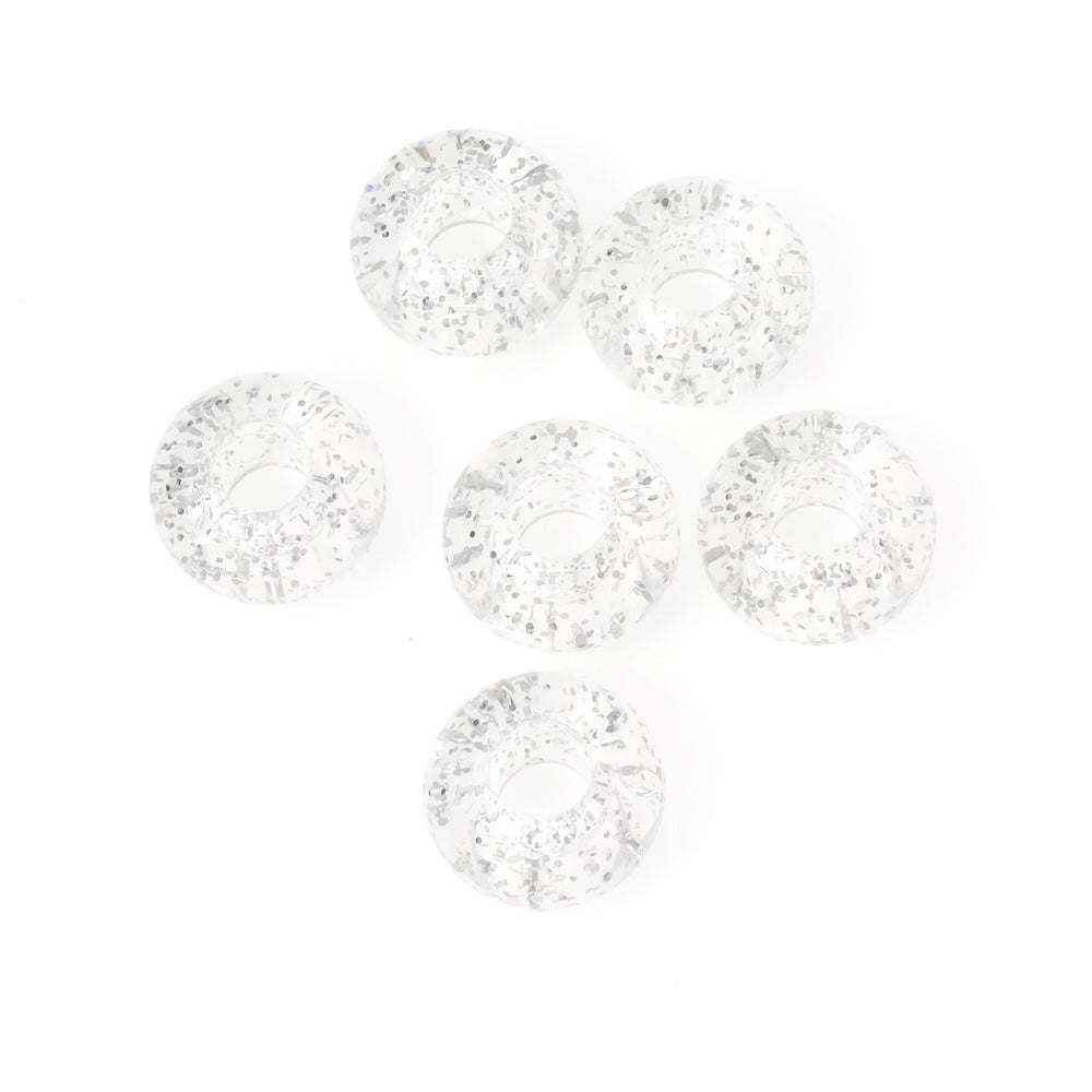 6 donut beads 14mm in transparent acrylic with silver glitter