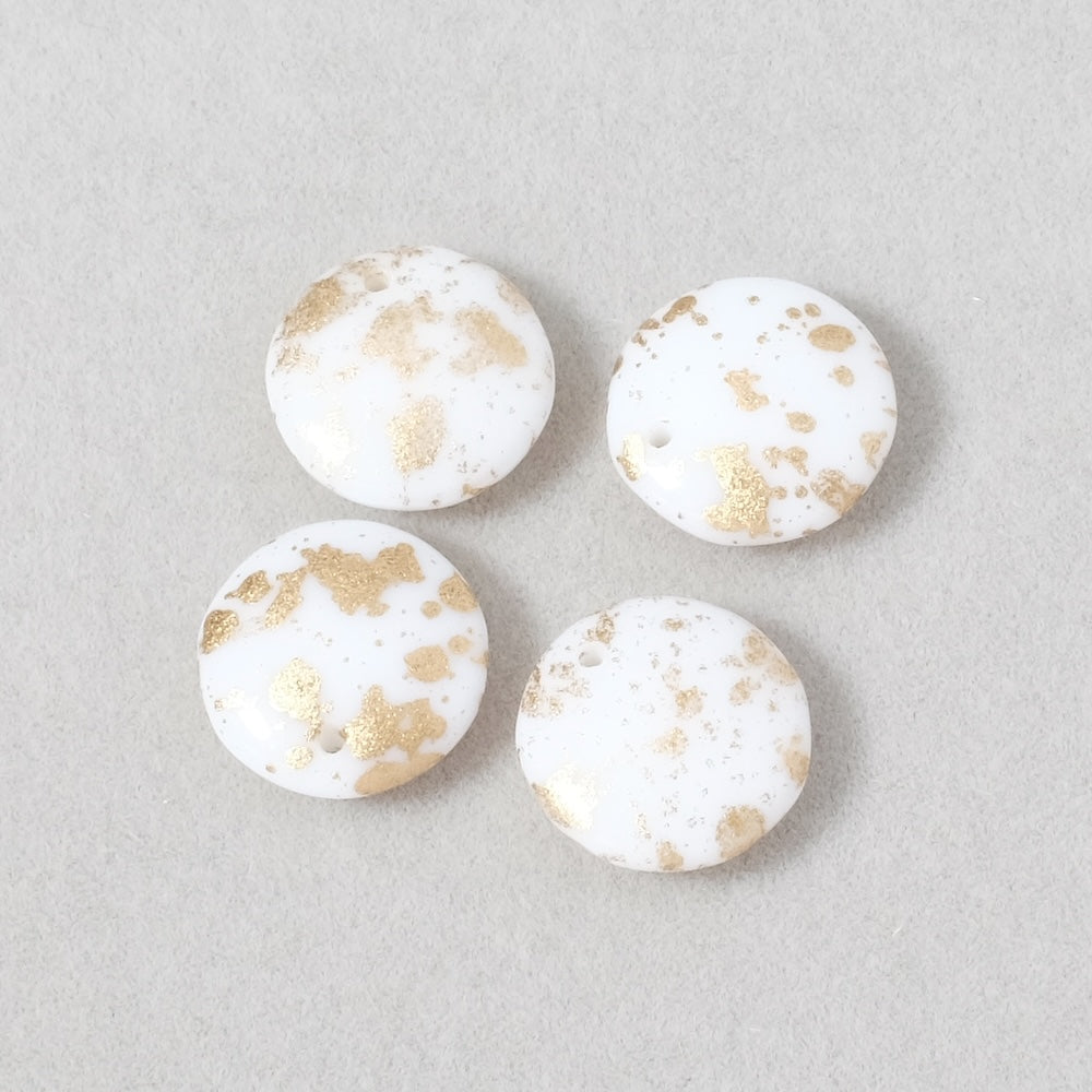 4 Bohemian round disc pendants 12mm white with gold speckles