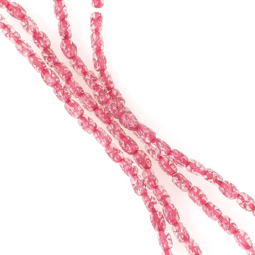 Strand of rectangular Bohemian glass beads, 6x4mm, with transparent pink pattern