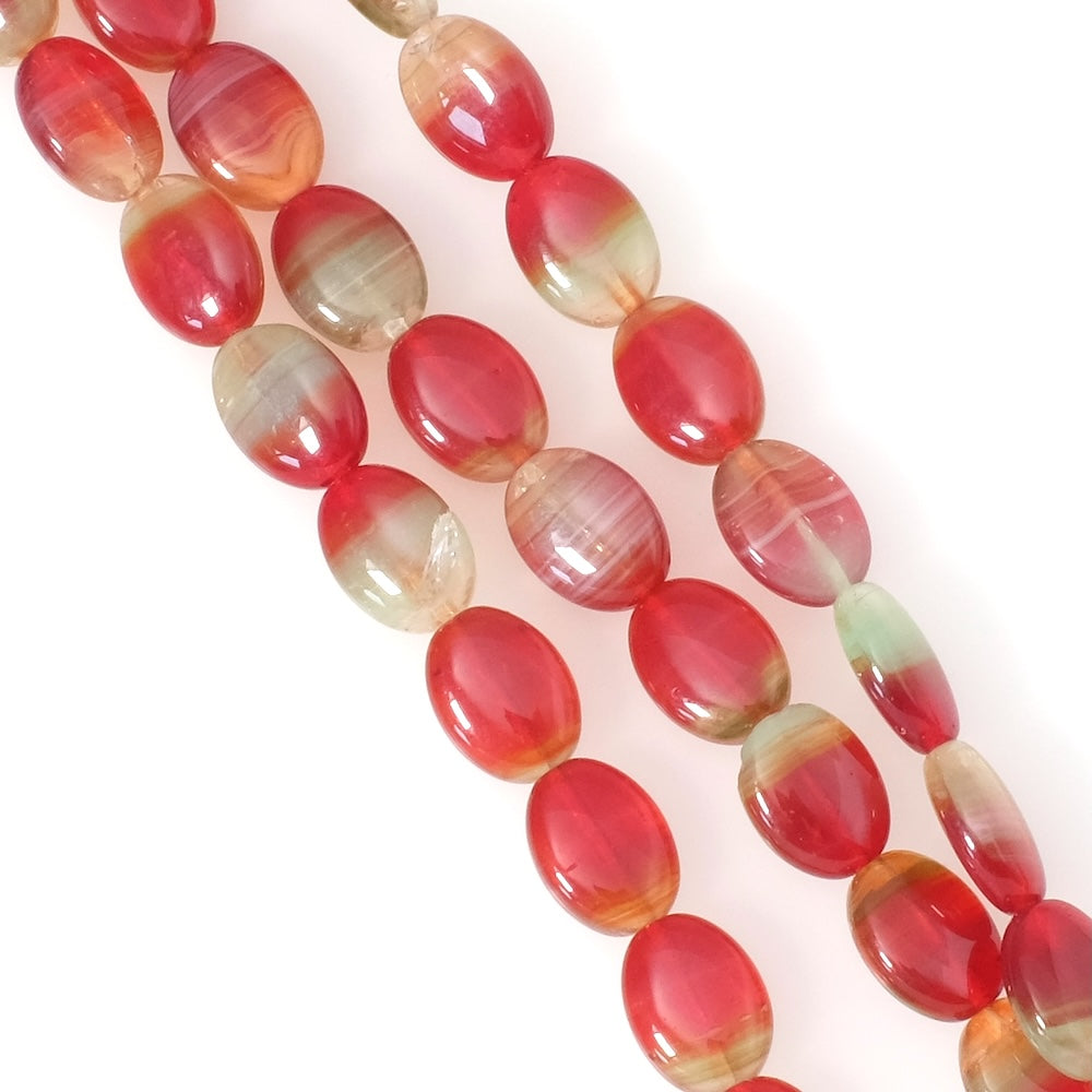 Strand of Bohemian oval beads, 12x9mm, red and green shades