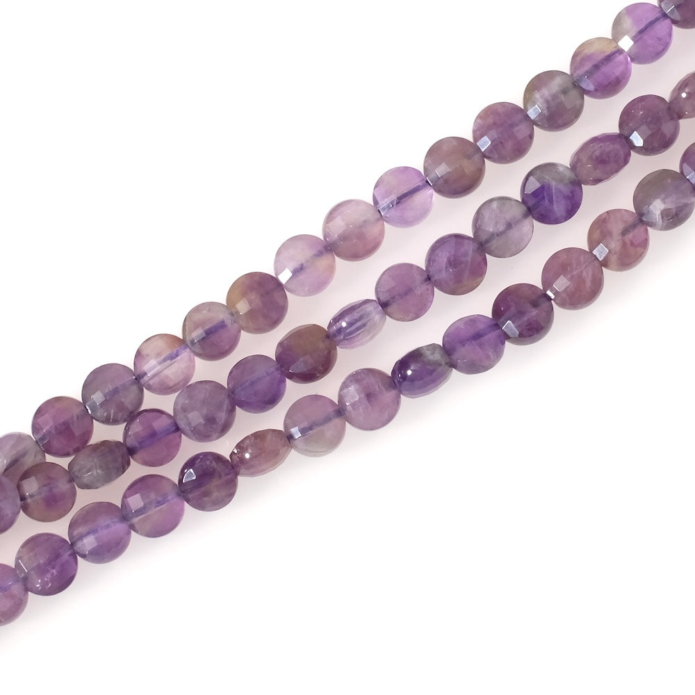 Strand of 6mm faceted round, flattened natural Amethyst beads