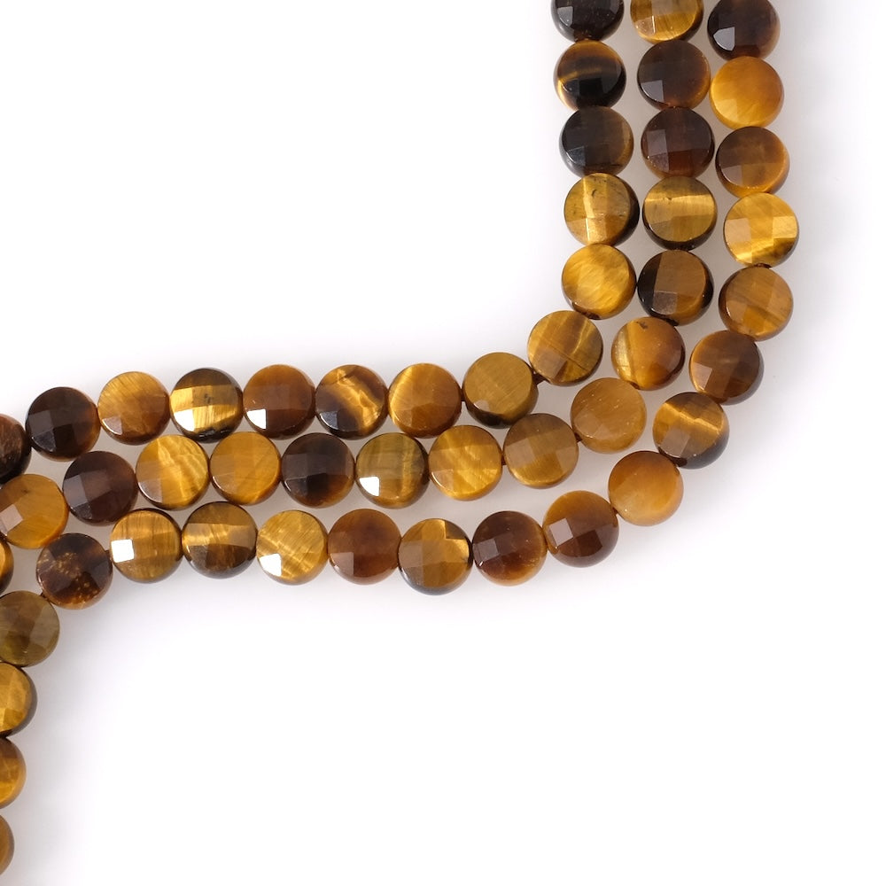 Strand of 6mm faceted round, flattened natural Tiger's Eye beads
