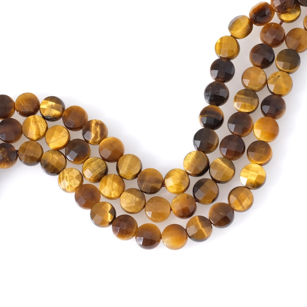 Strand of 6mm faceted round, flattened natural Tiger's Eye beads