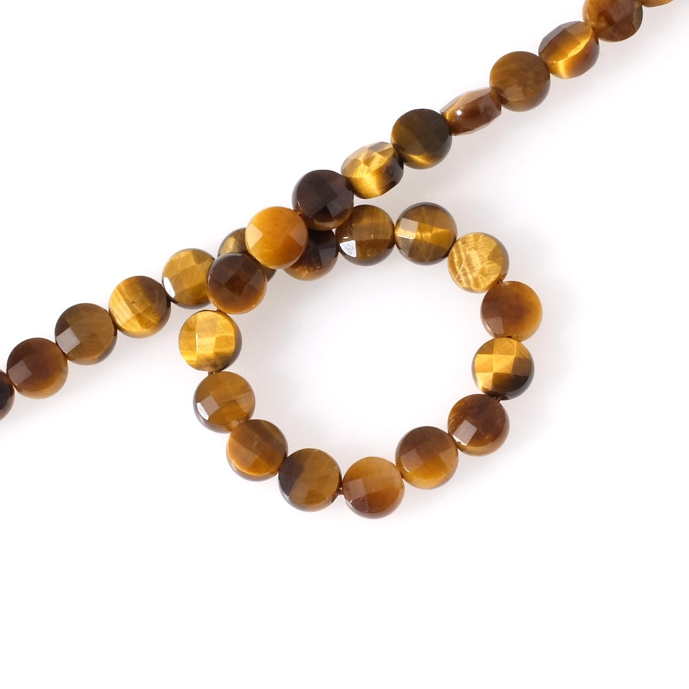 Strand of 6mm faceted round, flattened natural Tiger's Eye beads