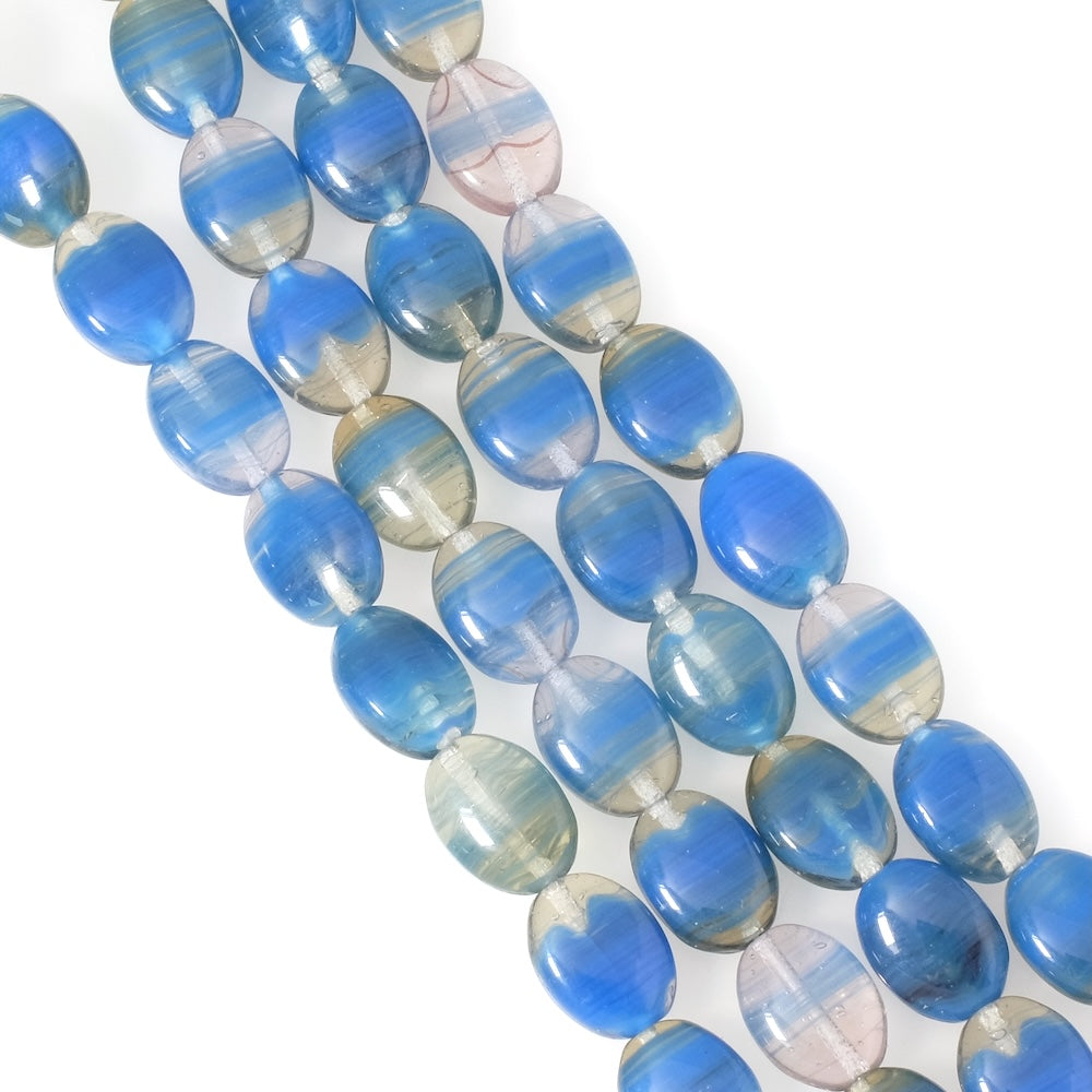 Strand of Bohemian oval beads, 12x9mm, blue and transparent shades