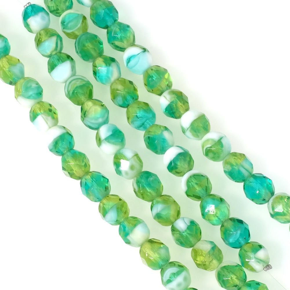 Strand of 8mm Faceted Round Bohemian Beads, Shades of Green and White