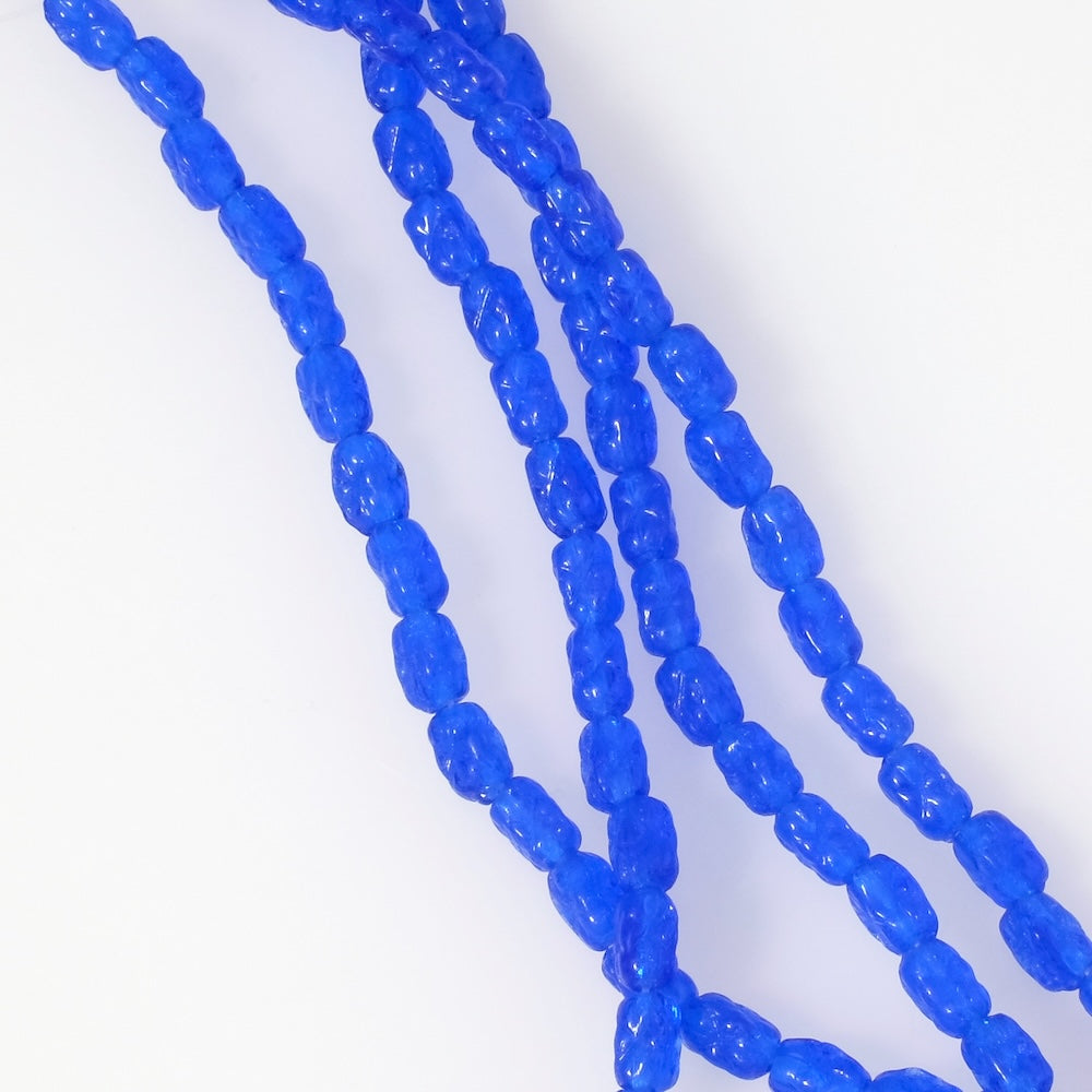 Strand of rectangular Bohemian glass beads, 6x4mm, with royal blue pattern