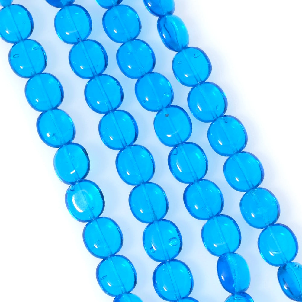 Strand of round flat Bohemian glass beads, 10mm, transparent blue