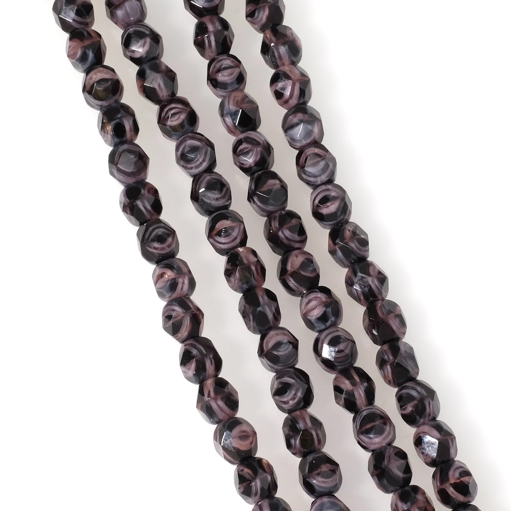 Strand of 6mm Faceted Round Bohemian Beads, Shades of Black and Purple