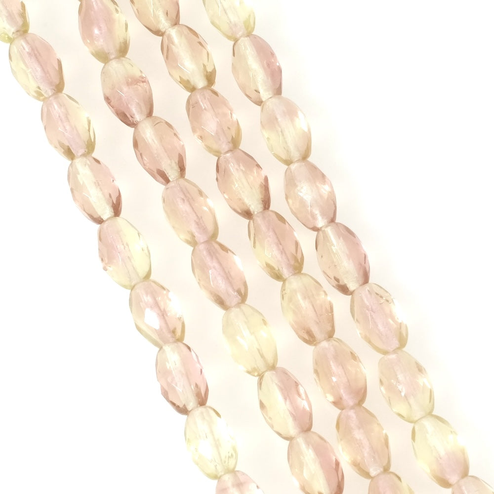Strand of Bohemian faceted olive beads, 9x6mm, transparent pink-green