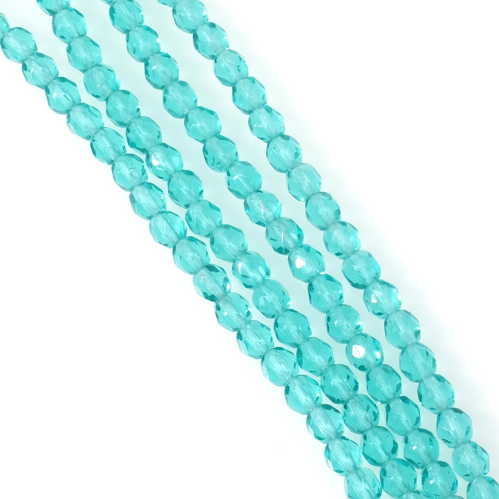Strand of 5mm Faceted Round Bohemian Beads, Transparent Turquoise Blue
