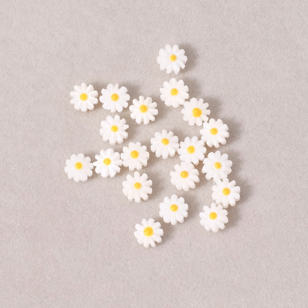 2 Daisy 6mm Beads in White Natural Mother-of-Pearl and Yellow Enamel