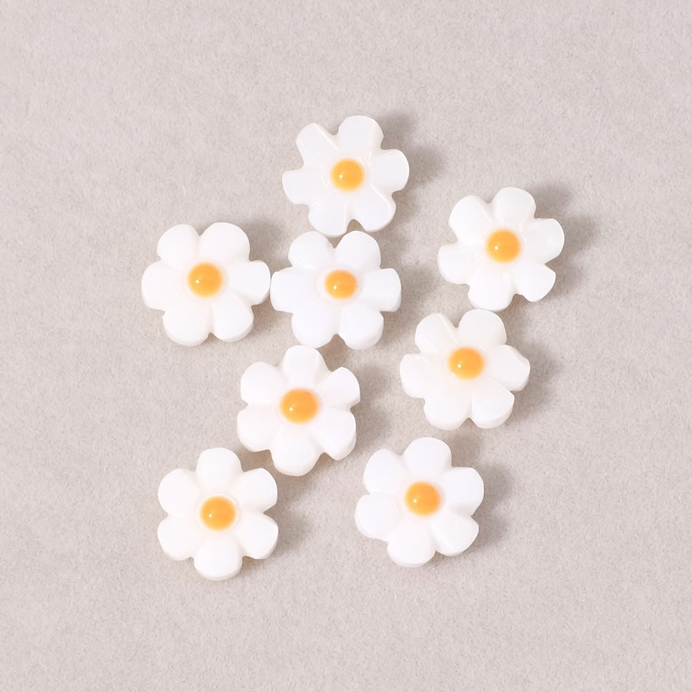 2 Daisy 12mm Beads in White Natural Mother-of-Pearl and Orange Enamel