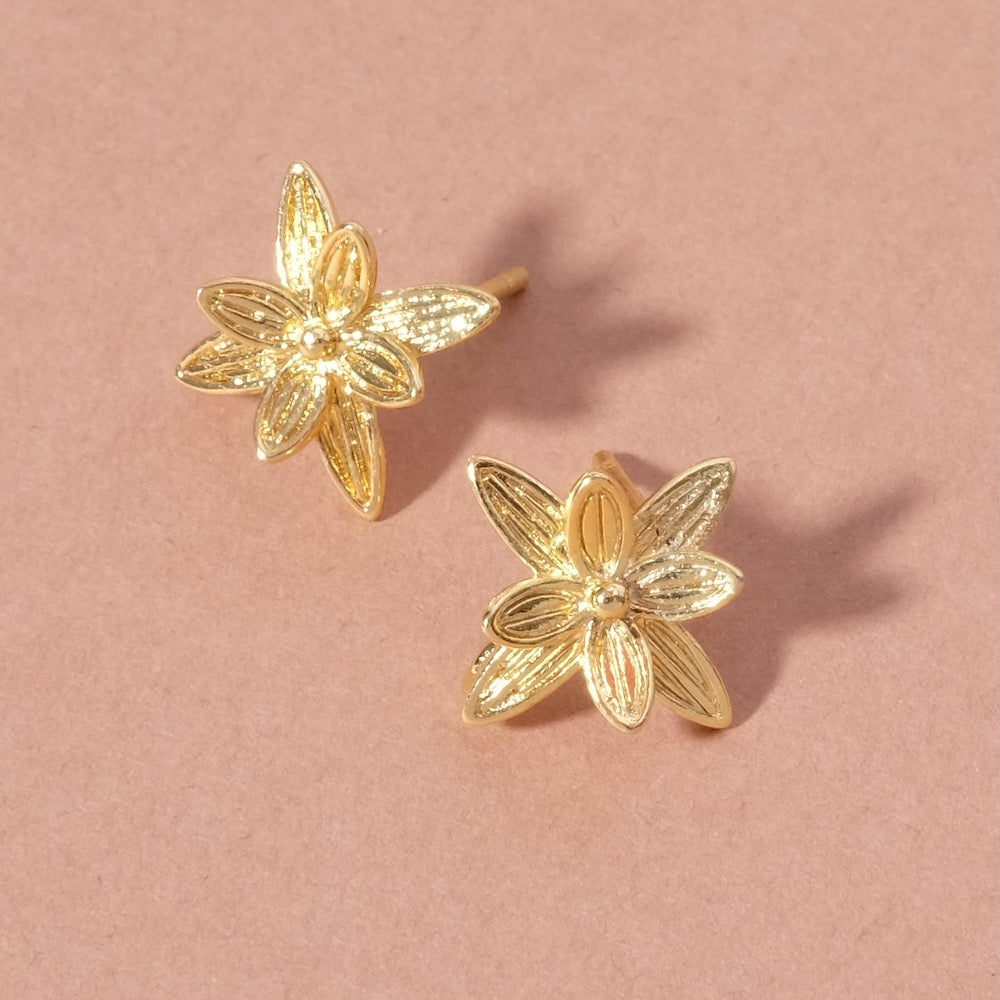 Flower Stud Earrings in 24K Fine Gold Plated Brass Premium, per pair