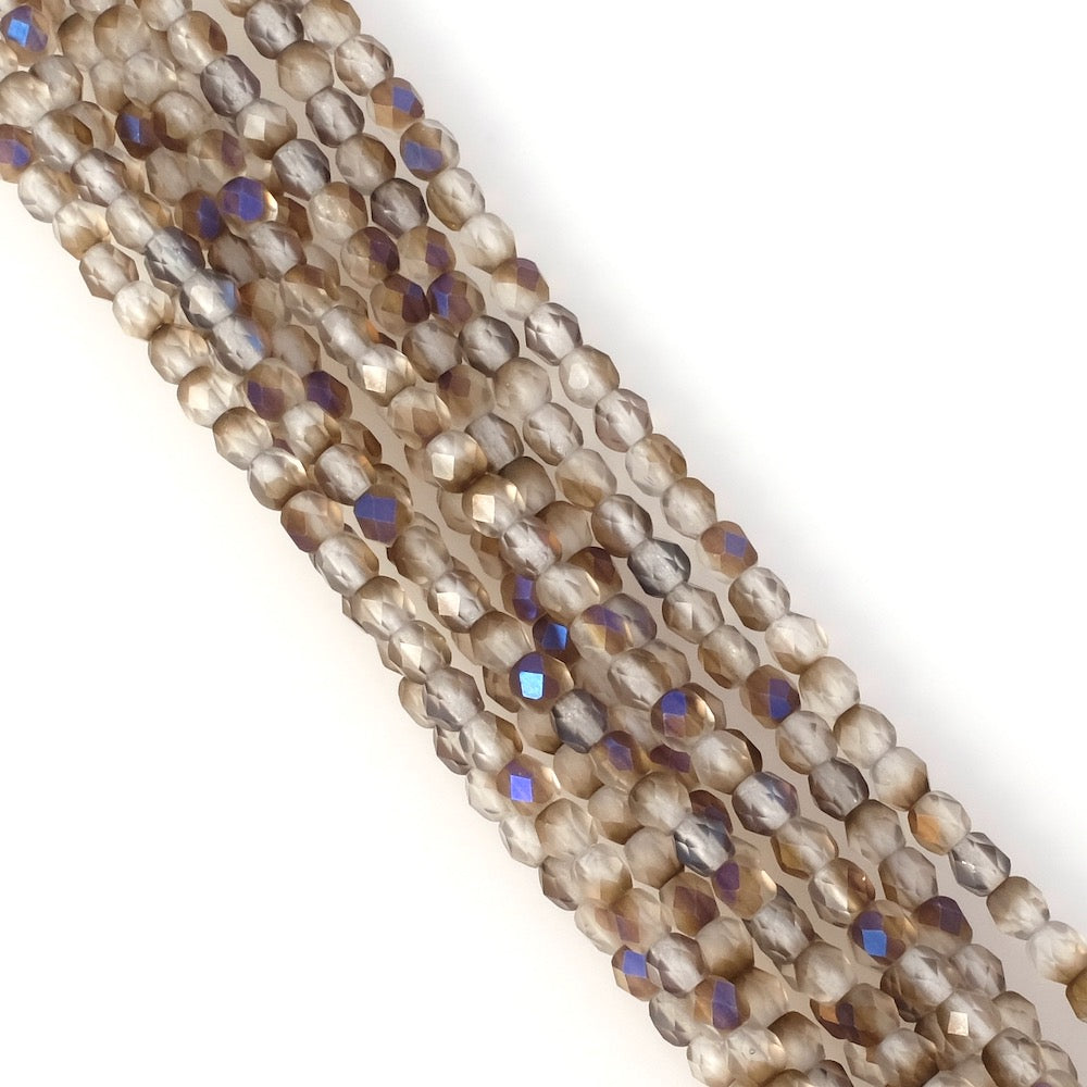 Strand of round faceted Bohemian beads 4mm grey matte iridescent transparent