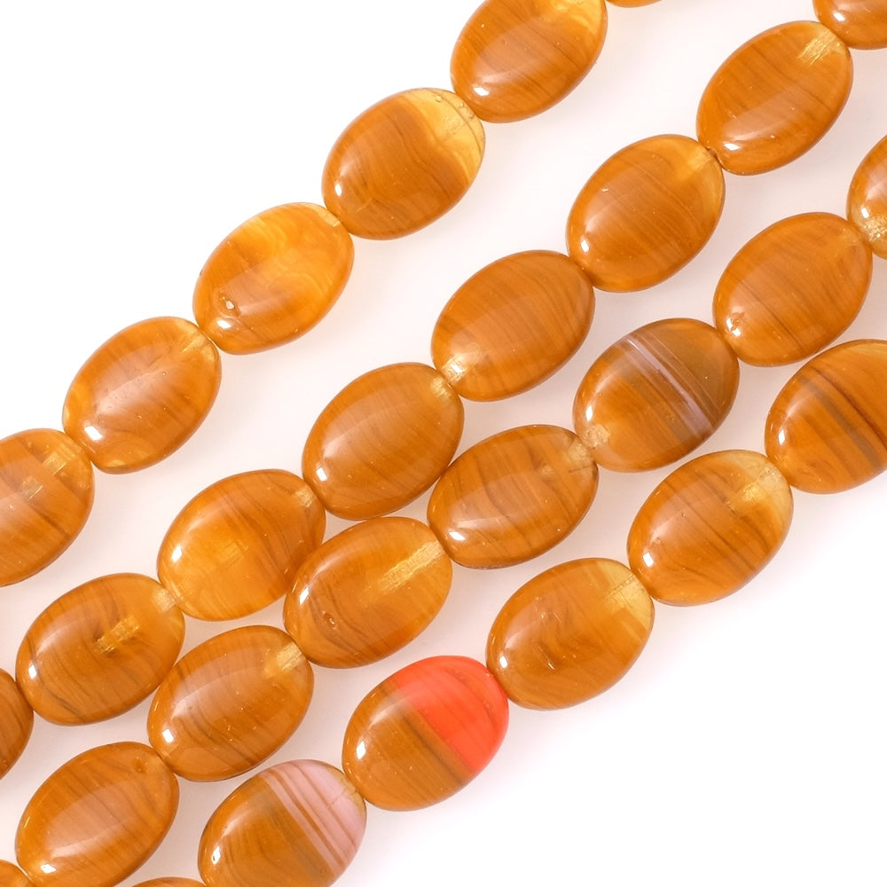 Strand of Bohemian oval beads, 12x9mm, marbled camel brown shades
