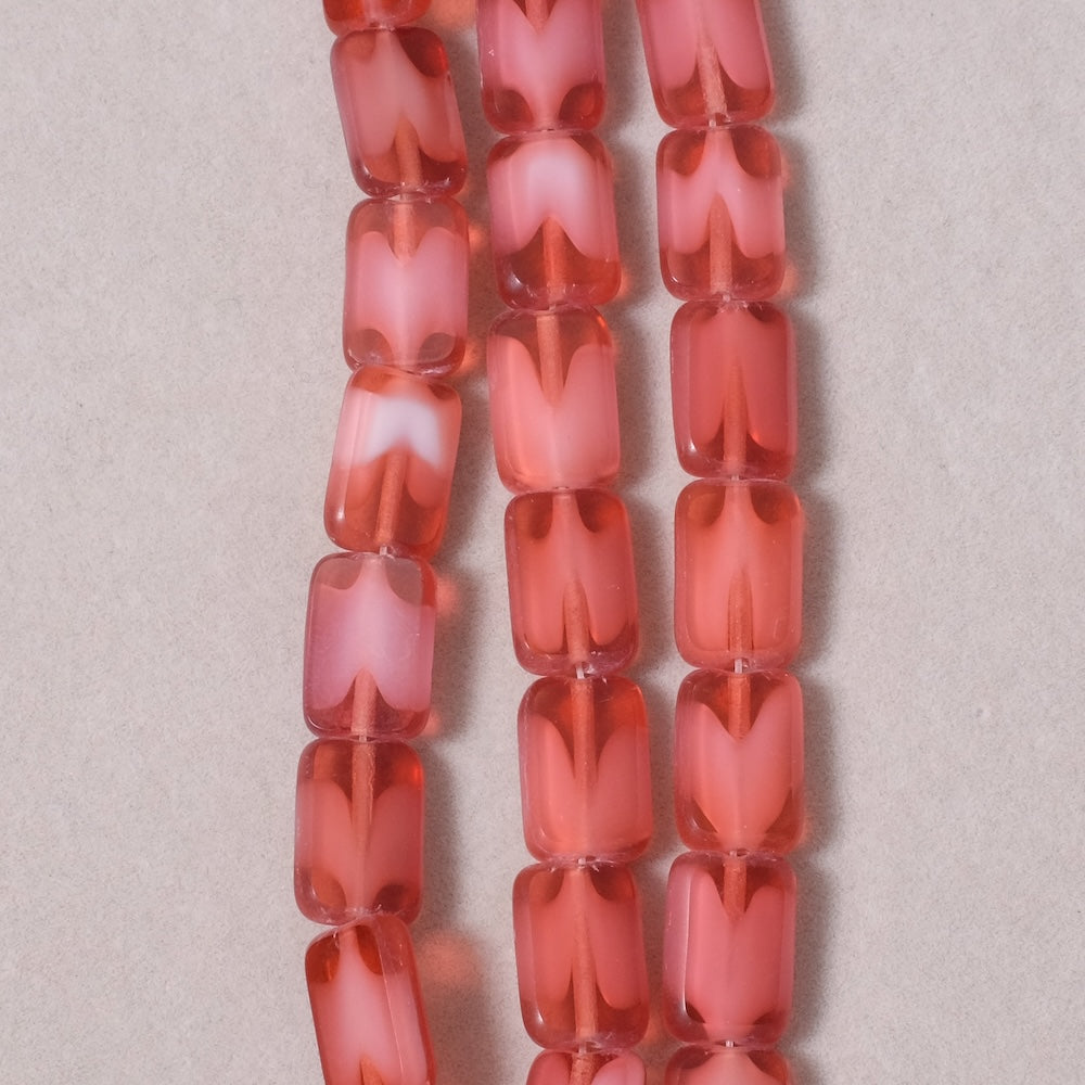 Strand of rectangular Bohemian glass beads, 12x8mm, pink with marbled effect