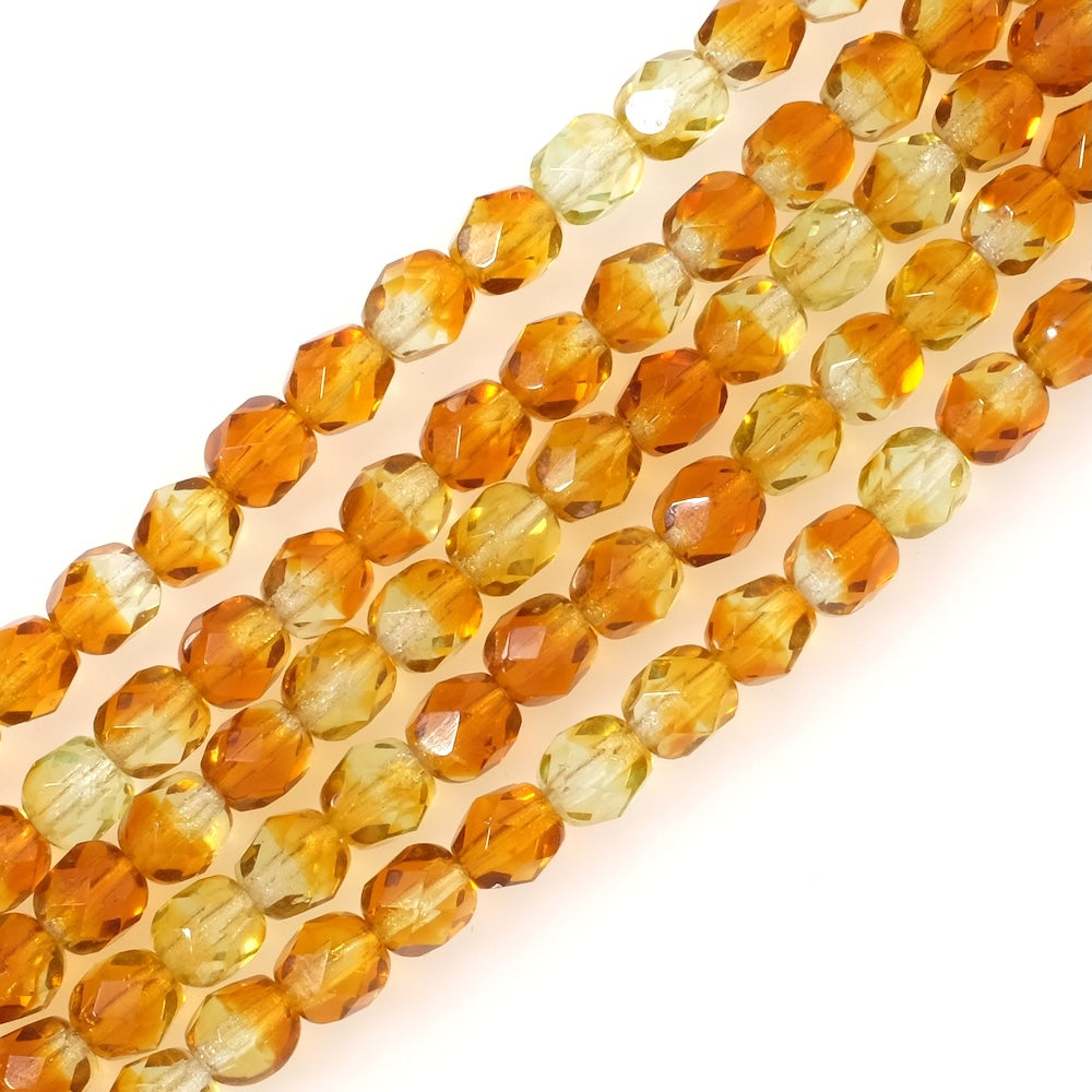 Strand of 6mm Faceted Round Bohemian Beads, Transparent Yellow Orange