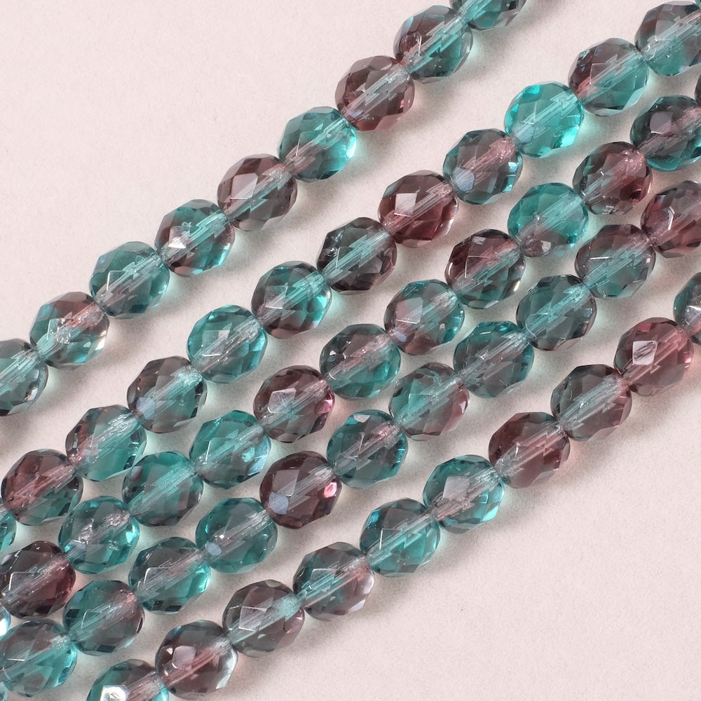 Strand of 8mm Faceted Round Bohemian Beads, Shades of Transparent Violet and Blue