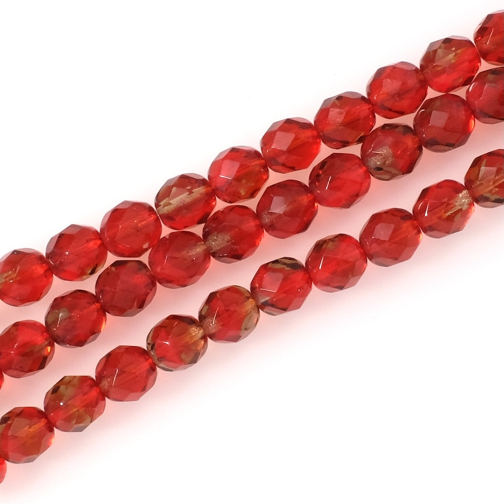 Strand of round faceted Bohemian beads 8mm red grey transparent