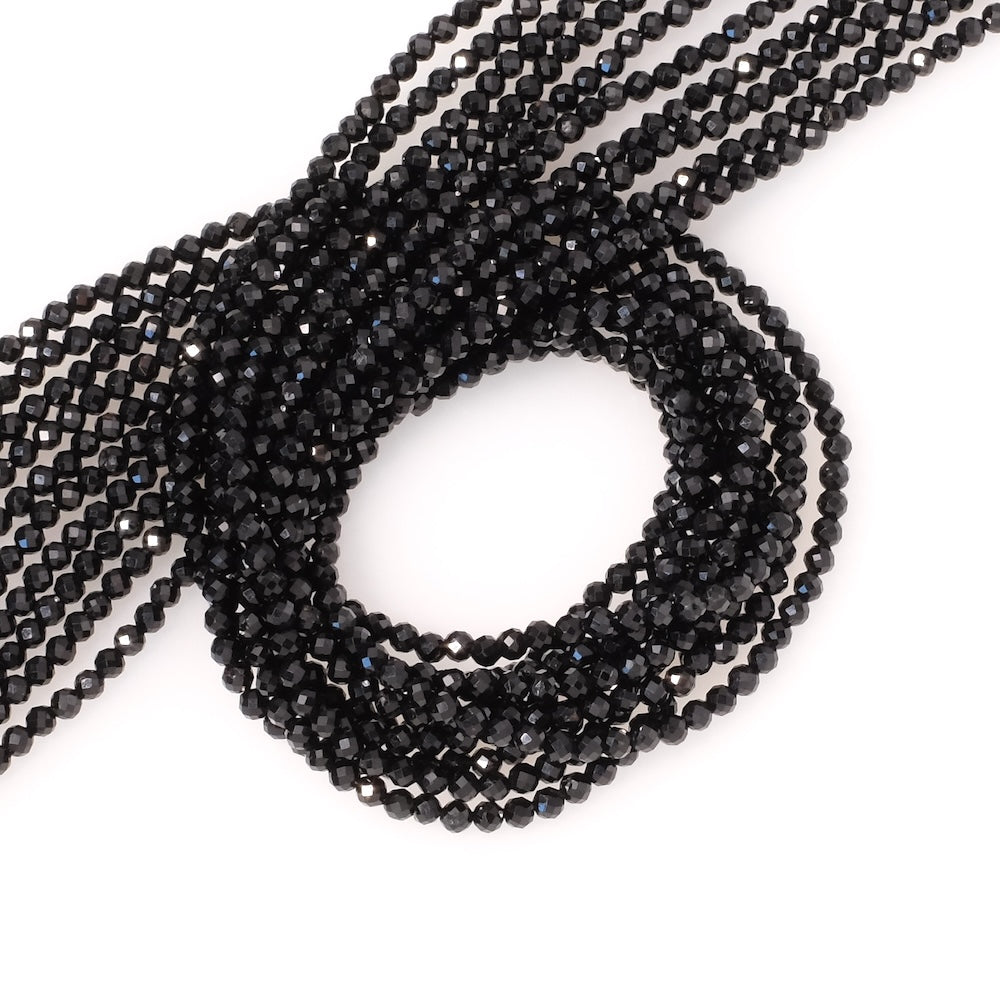 Strand of 2mm faceted natural stone beads in black Tourmaline