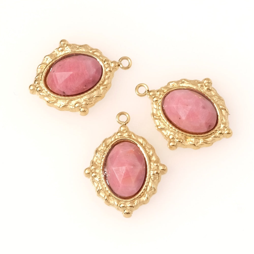 Rhodonite oval bohemian pendant in 18K gold-plated 304 stainless steel