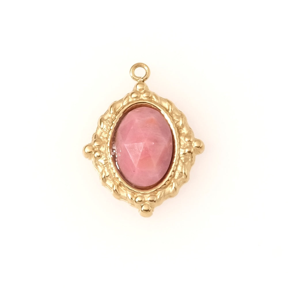Rhodonite oval bohemian pendant in 18K gold-plated 304 stainless steel
