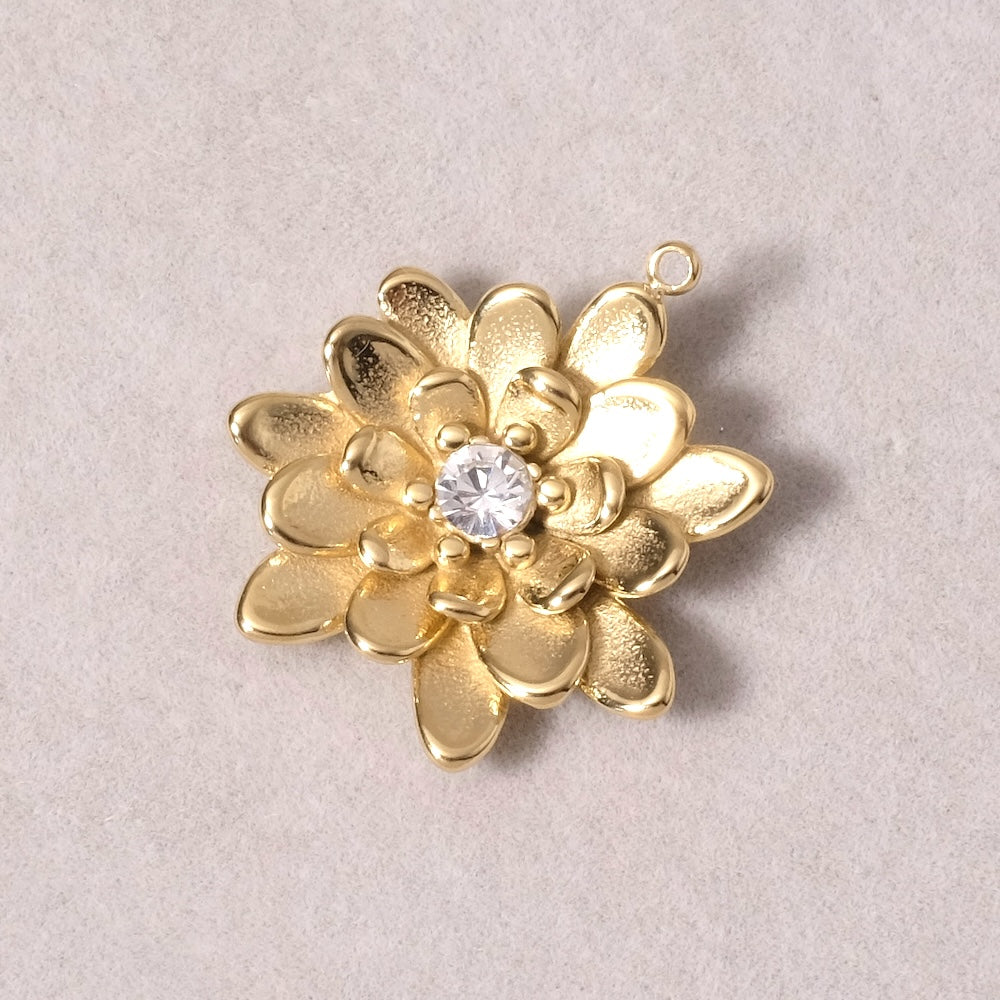 18K Gold 304 Stainless Steel Petal Flower Pendant with Rhinestones