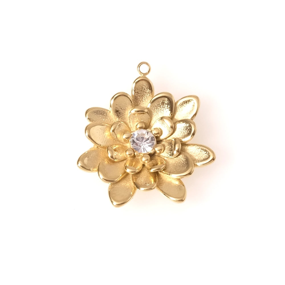 18K Gold 304 Stainless Steel Petal Flower Pendant with Rhinestones