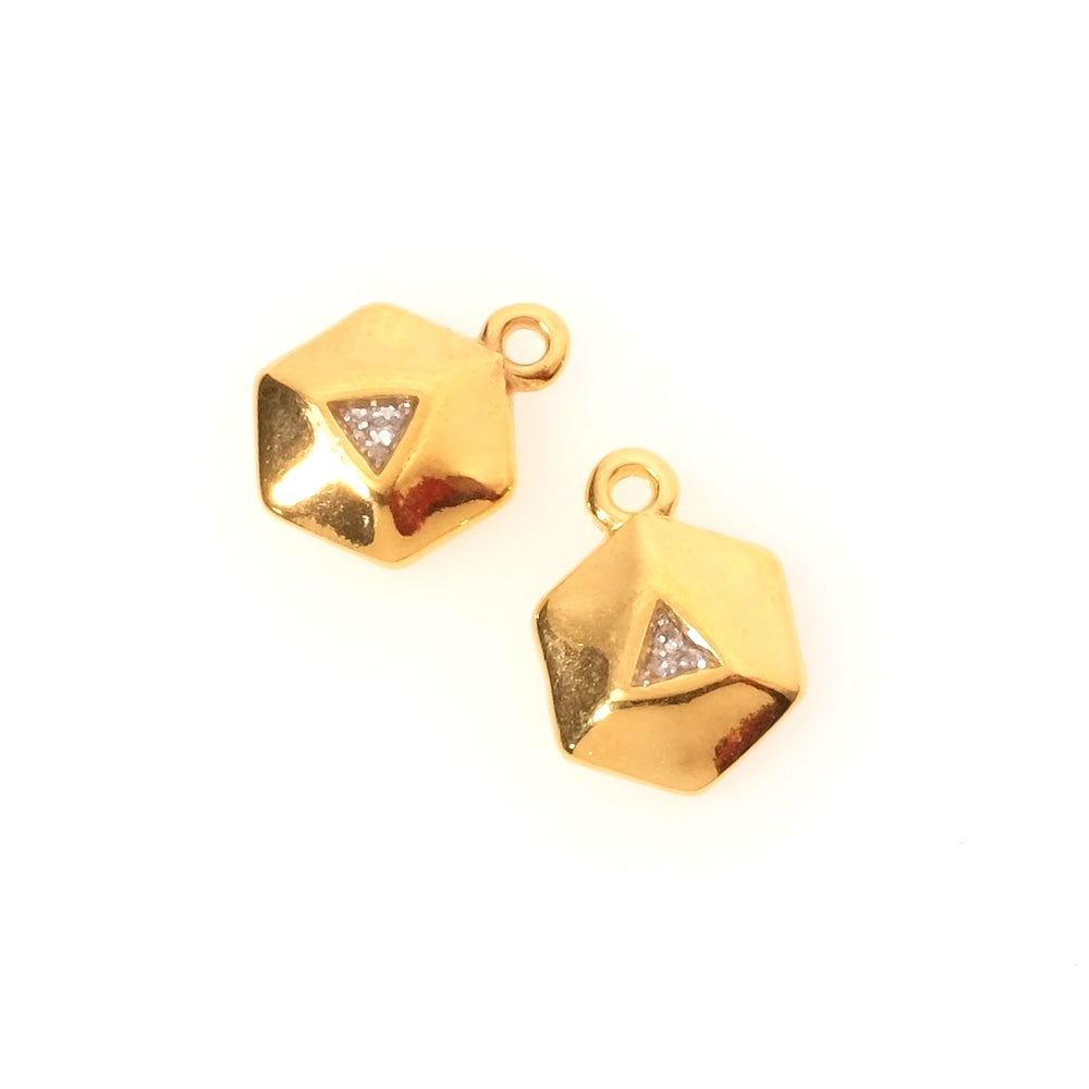 Enameled hexagonal silver-plated glitter pendant in 24K gold-plated Zamak
