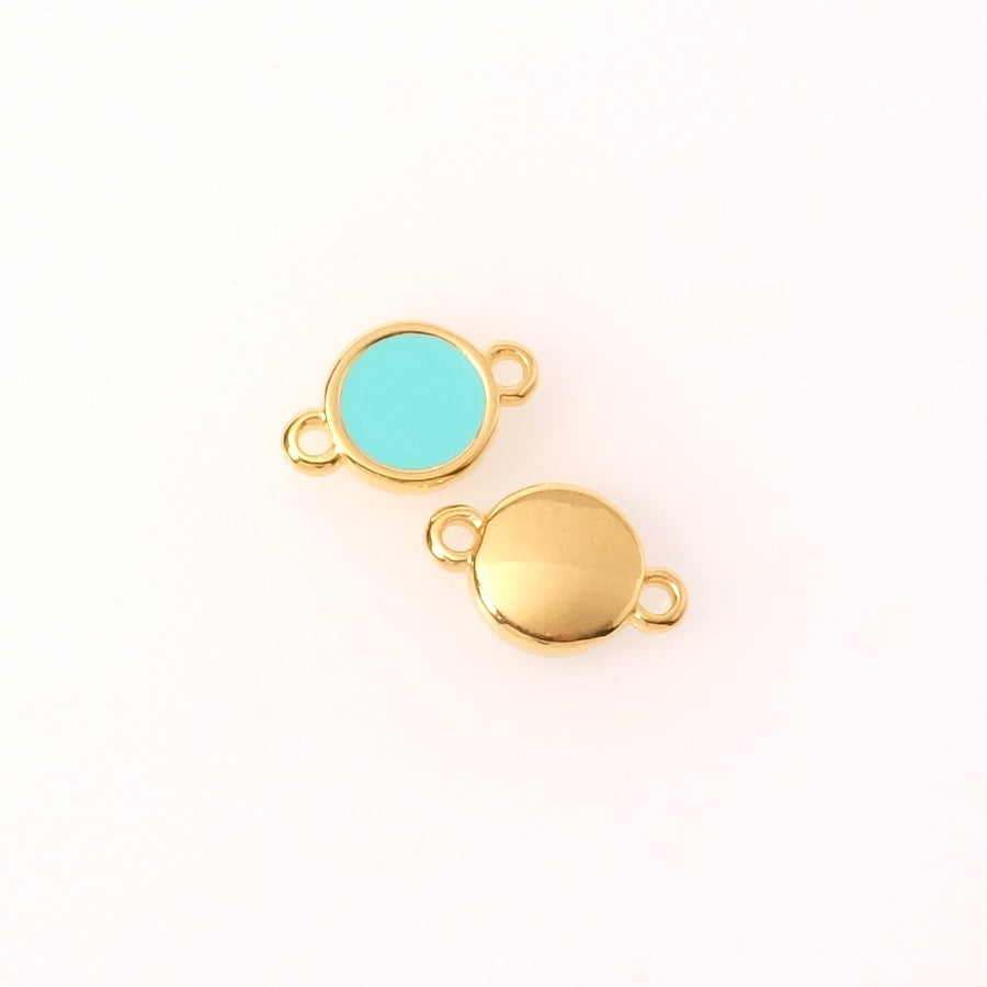 2 Round Turquoise Enamelled Connectors in 24K Gold plated Zamak