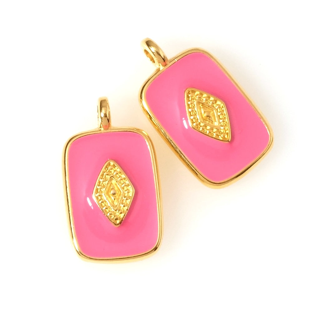 Gold 24K Zamak Rectangle Fuchsia Pink Enamel Pendant