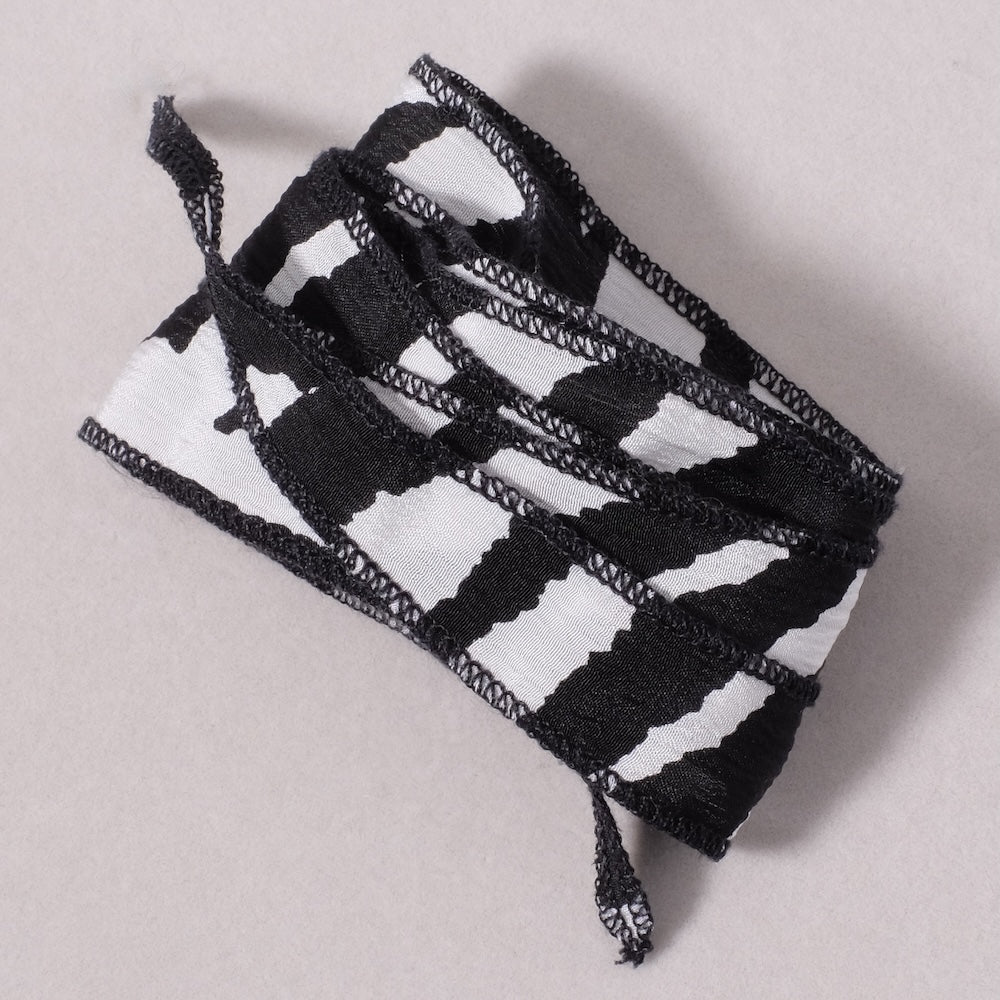 Printed silk ribbon, Zebra print with black stitching