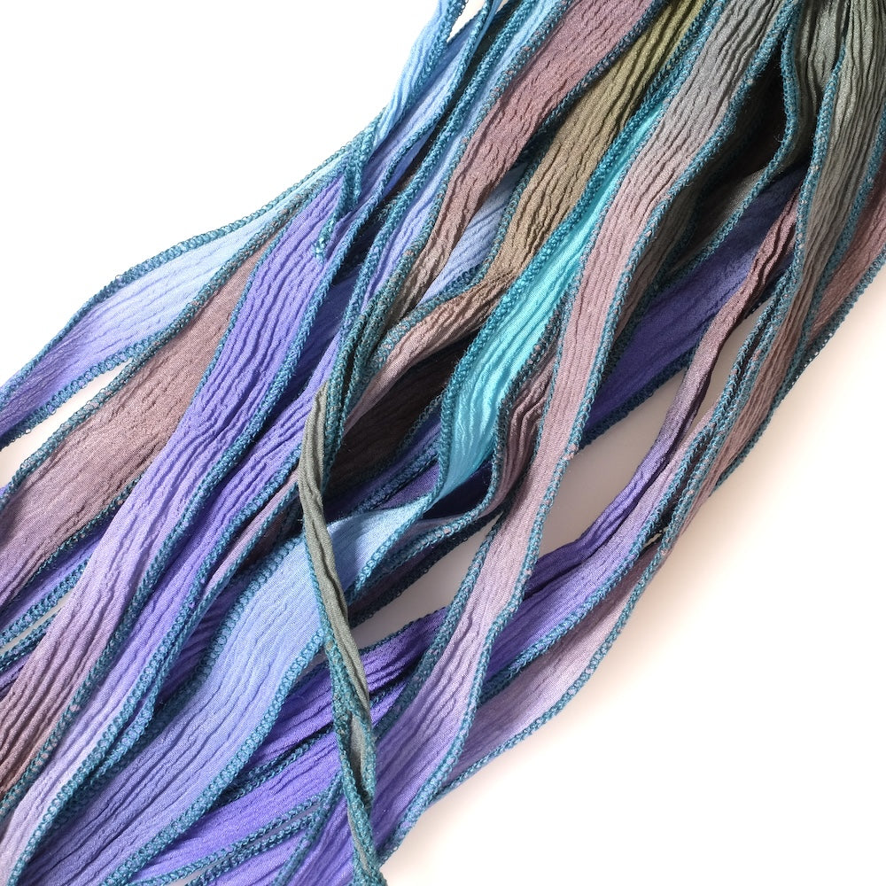 Hand-dyed silk ribbon, Tie-dye Khaki Violet Blue