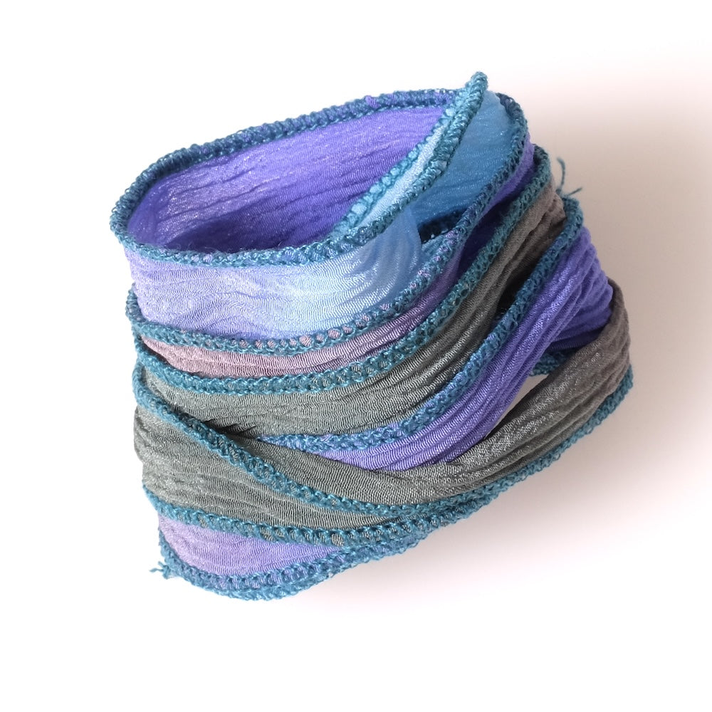 Hand-dyed silk ribbon, Tie-dye Khaki Violet Blue