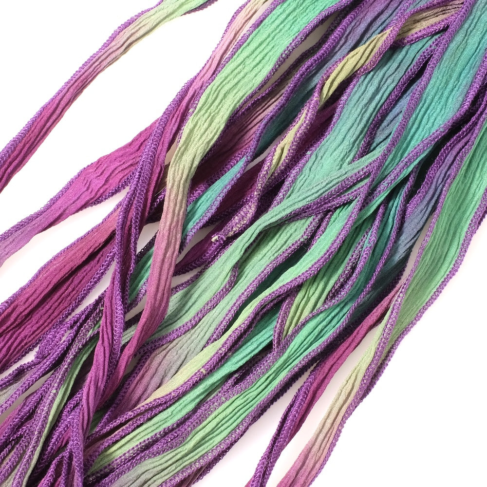 Hand-dyed silk ribbon, Emerald Green Violet