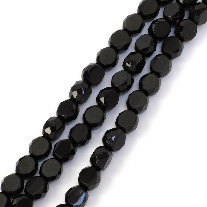 Strand of round flattened faceted Bohemian beads 8mm black opaque