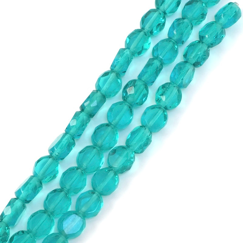 Strand of round flattened faceted Bohemian beads 8mm green turquoise transparent