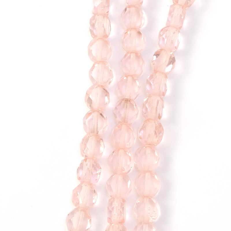Strand of round flattened faceted Bohemian beads 8mm pale pink transparent