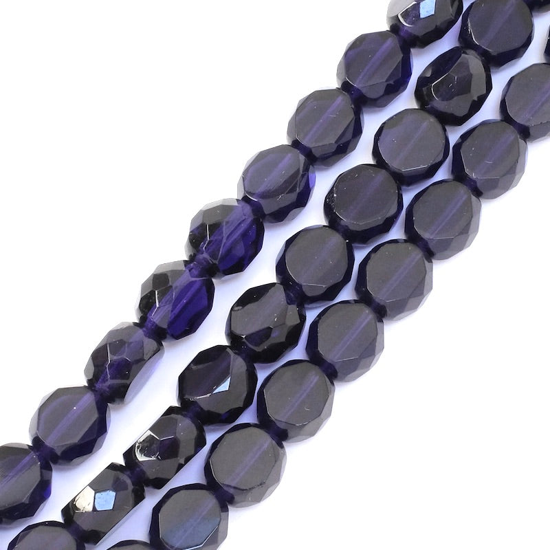 Strand of round flattened faceted Bohemian beads 10mm dark purple transparent