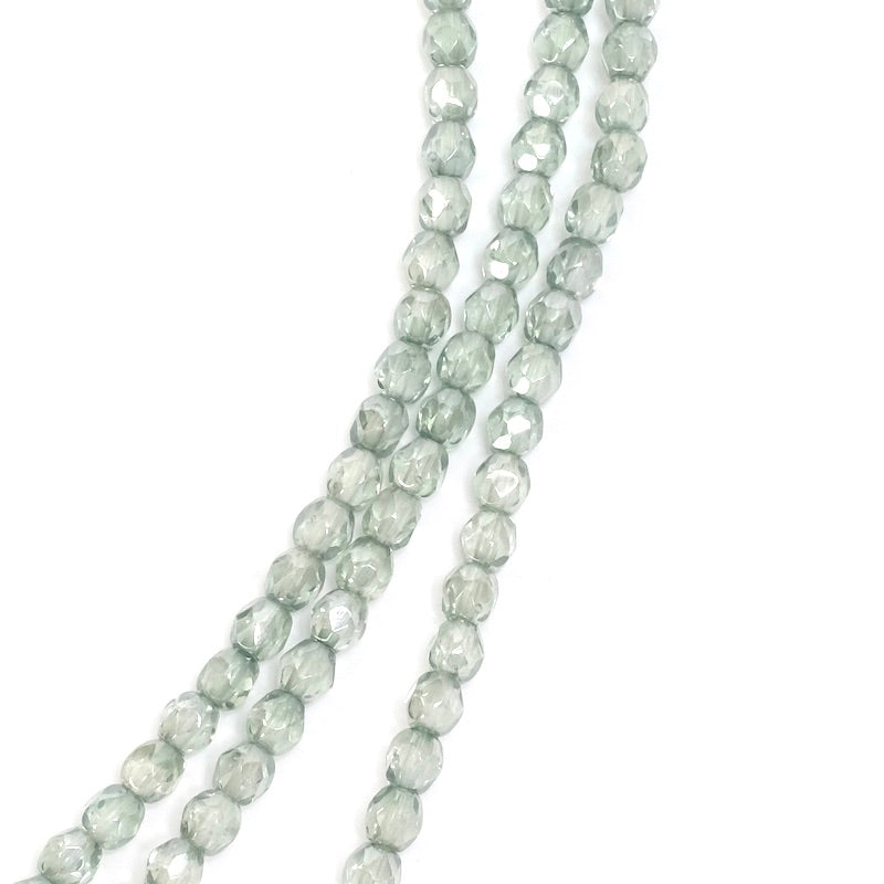 Strand of round faceted Bohemian beads sage green metallic 4mm