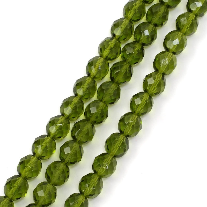 Strand of Bohemian faceted round beads in transparent dark green, 8mm