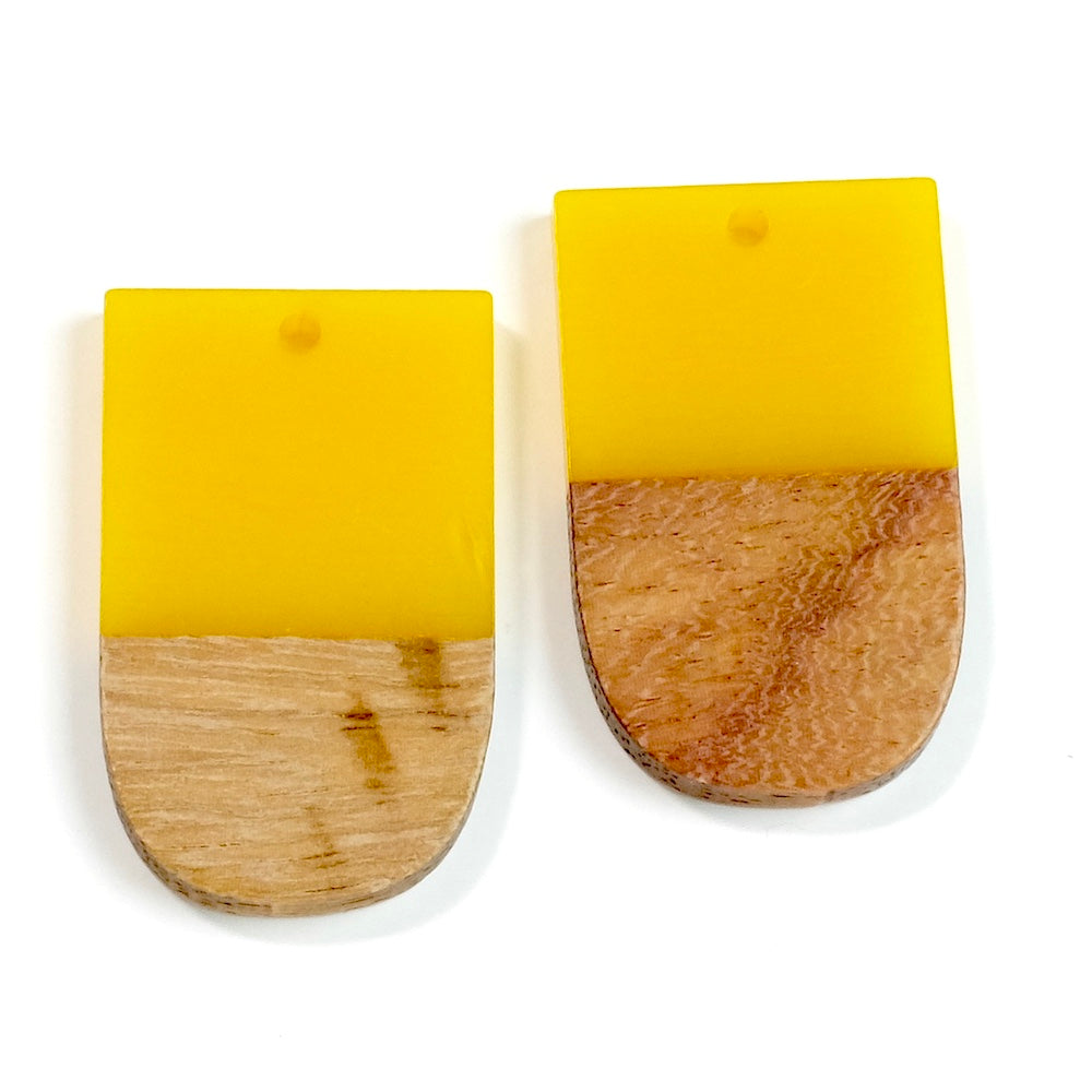2 Oval Wood and Yellow Resin Pendants