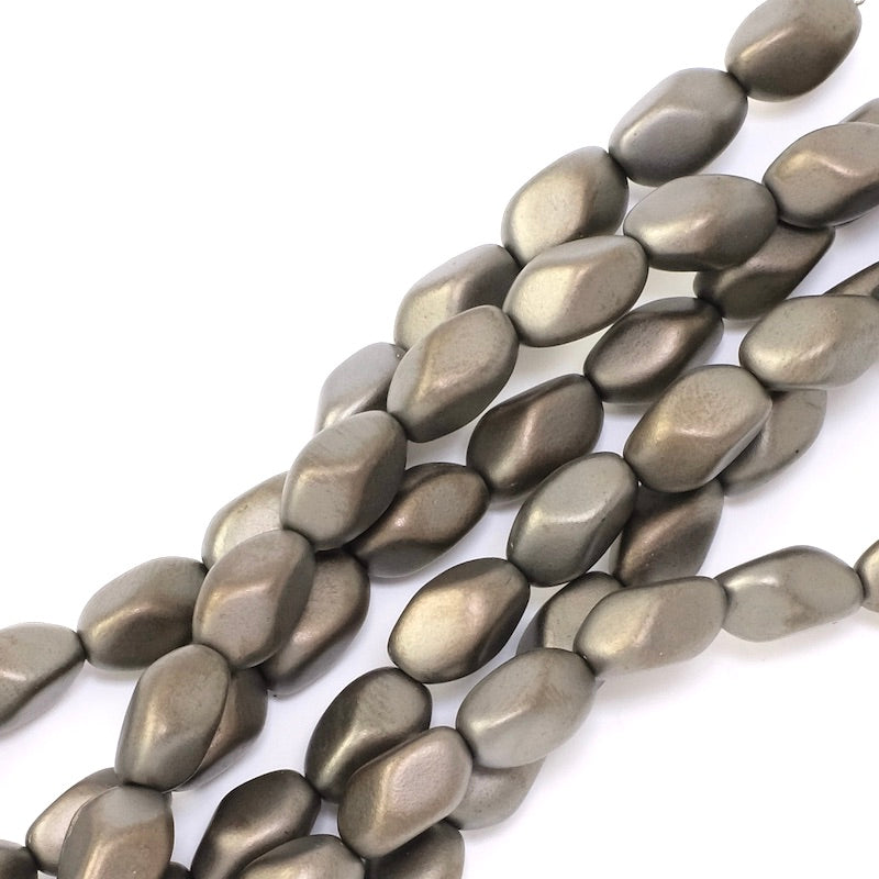 Strand of twisted oval Bohemian glass beads, 11x7mm, metallic taupe